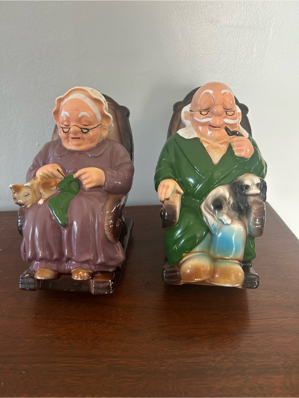 Vintage Piggy Bank Retirement Fund Grandma Grandpa in Rocking Chair JAPAN
